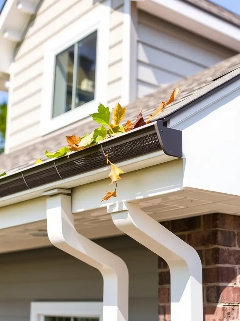 A modern home in Iowa City, Iowa, with a focus on the gutter guards preventing leaves and debris from entering the system. The image should emphasize the effectiveness of the gutter guards.