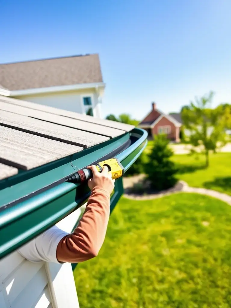 A professional installer fitting a seamless gutter system on a modern Iowa home, showcasing the precision and quality of Iowa Gutter Experts' installation service.