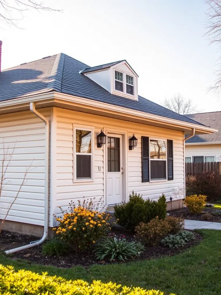 A cozy bungalow in Ames, Iowa, with a focus on the clean and efficient gutter system. The image should convey a sense of trust and local expertise.