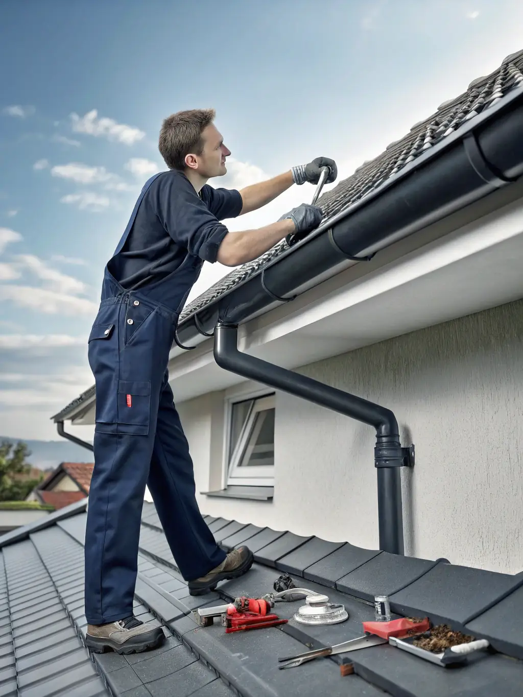 A technician repairing a damaged section of a gutter, highlighting Iowa Gutter Experts' repair and maintenance expertise.