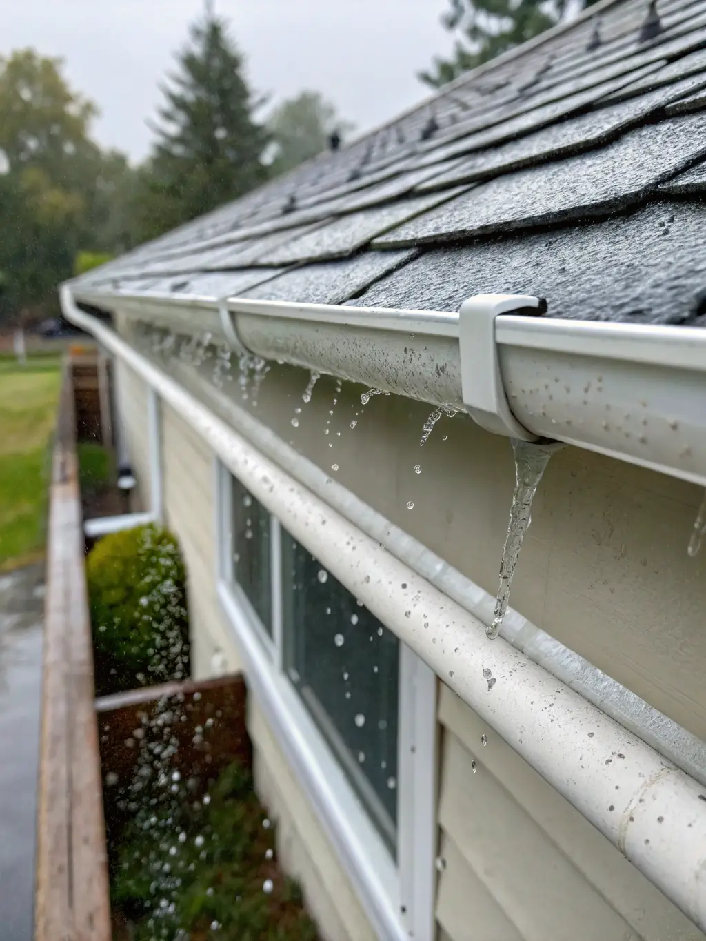 A close-up shot of a clean gutter interior after a cleaning service, emphasizing the removal of leaves and debris by Iowa Gutter Experts.