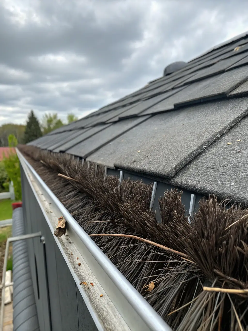 Close-up of a gutter guard installed on a residential home, showing debris prevention features and the surrounding roof.