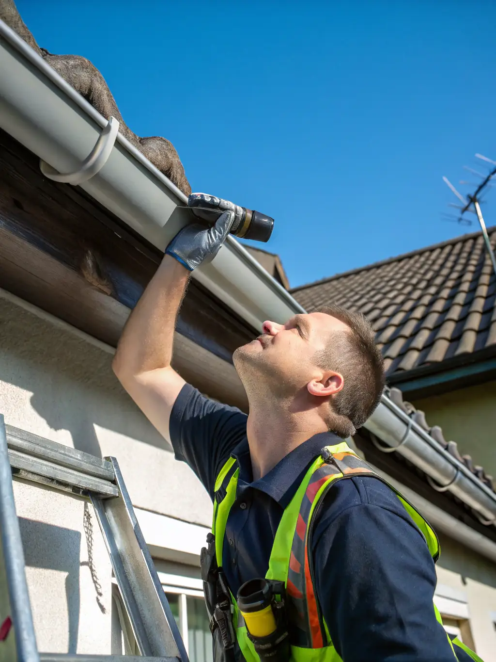 A technician inspecting and repairing a damaged gutter on a residential home, with tools and safety equipment visible.