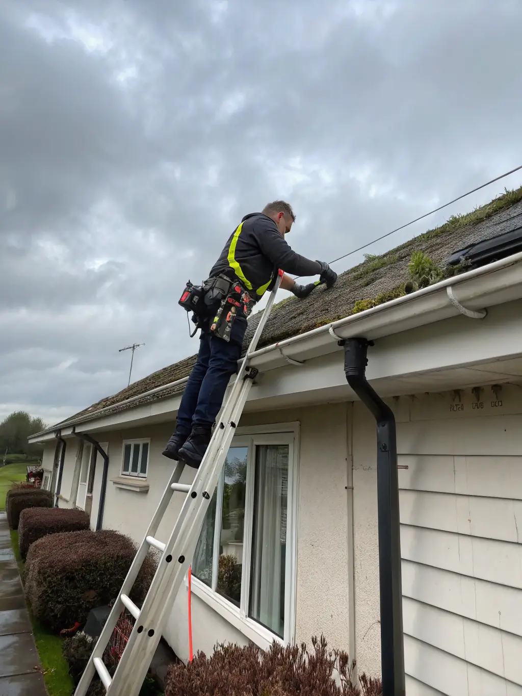 A technician cleaning out gutters filled with leaves and debris from a residential roof, using professional equipment.