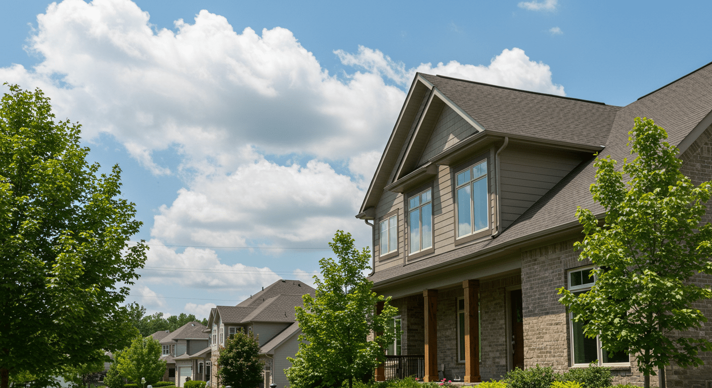 A picturesque view of a modern home in Ankeny, IA, showcasing newly installed seamless gutters. The house is surrounded by lush greenery, highlighting the neighborhood's charm.