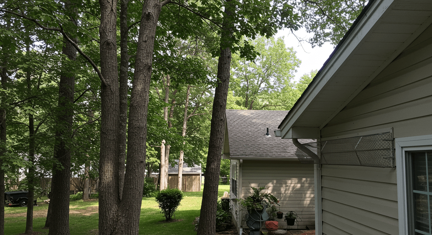 A serene backyard scene showing a house with leaf guards installed, surrounded by trees. The image conveys the peace of mind and reduced maintenance benefits of using leaf guards.