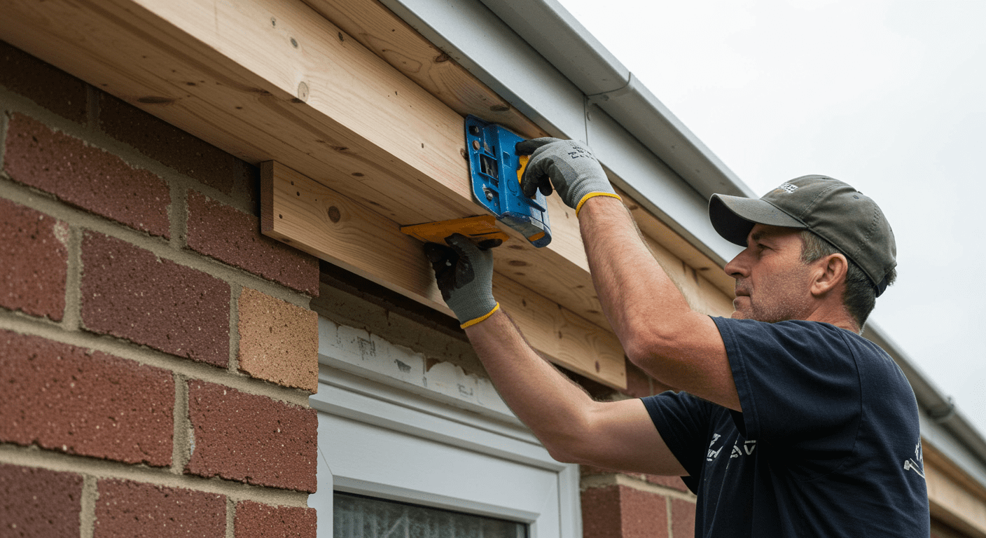 A skilled contractor applying new fascia boards to a house, demonstrating the installation process. The focus is on the craftsmanship and attention to detail.