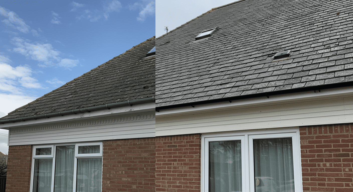A split image showing a home before and after fascia and soffit installation. The 'before' side shows worn-out materials, while the 'after' side showcases a beautifully finished job.