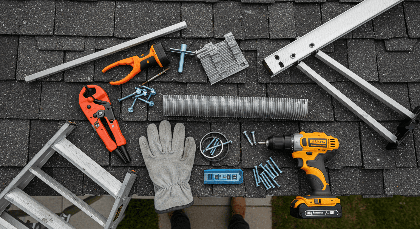 A flat lay of essential tools and materials needed for installing gutter guards, including a ladder, gloves, screws, and a drill. The setting is outdoors, with a hint of a house in the background.