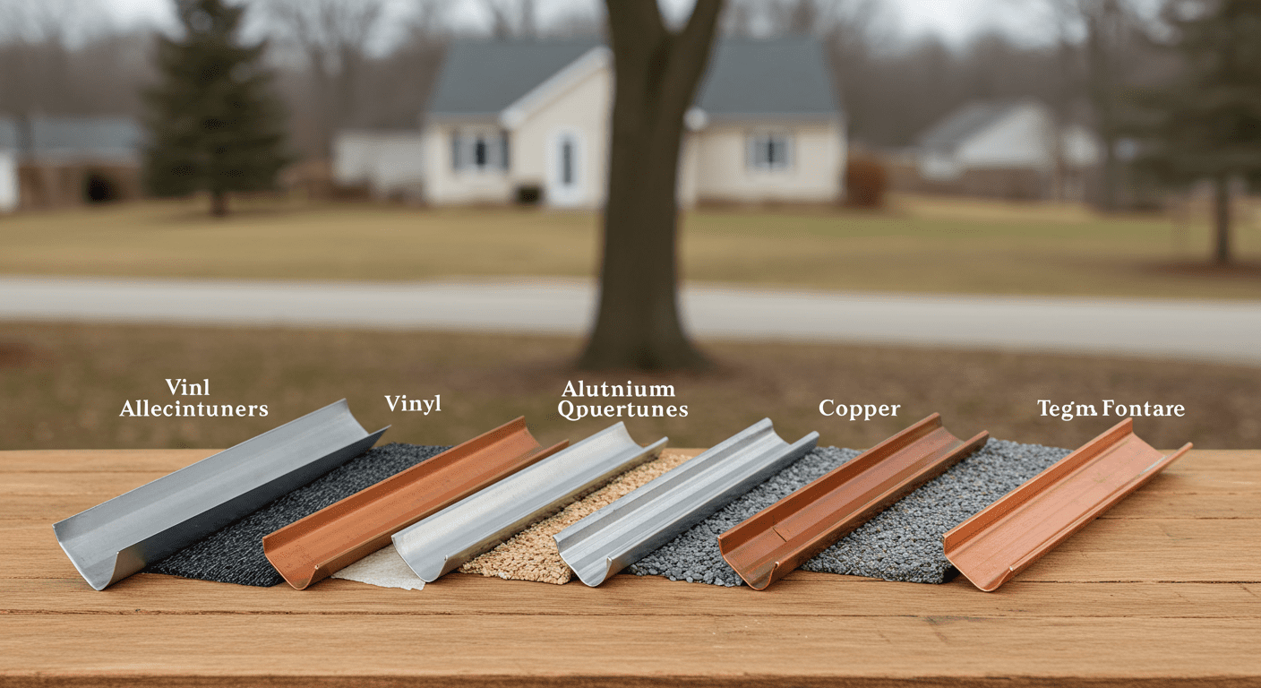 A visually appealing layout of different gutter materials (vinyl, aluminum, copper) displayed on a wooden surface. Each material is labeled with its benefits, but without text in the image. The setting is outdoors, with a blurred background of a Urbandale neighborhood.