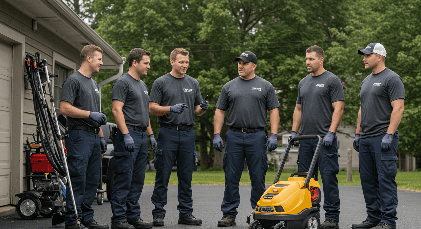 A team of gutter cleaning professionals discussing their work while standing next to their equipment, showcasing teamwork and professionalism in the service.