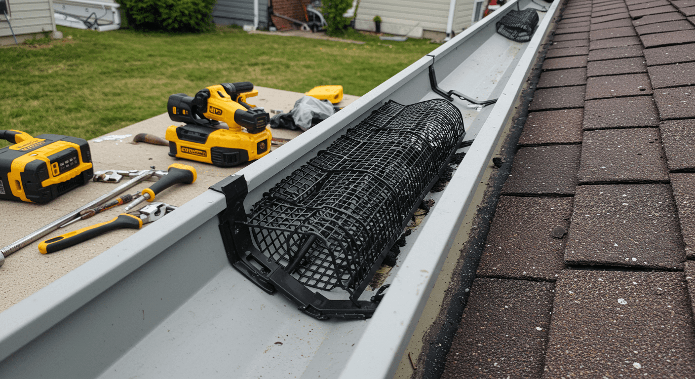 A close-up of a gutter guard being installed on a residential gutter, with tools and materials scattered around, emphasizing the repair process.