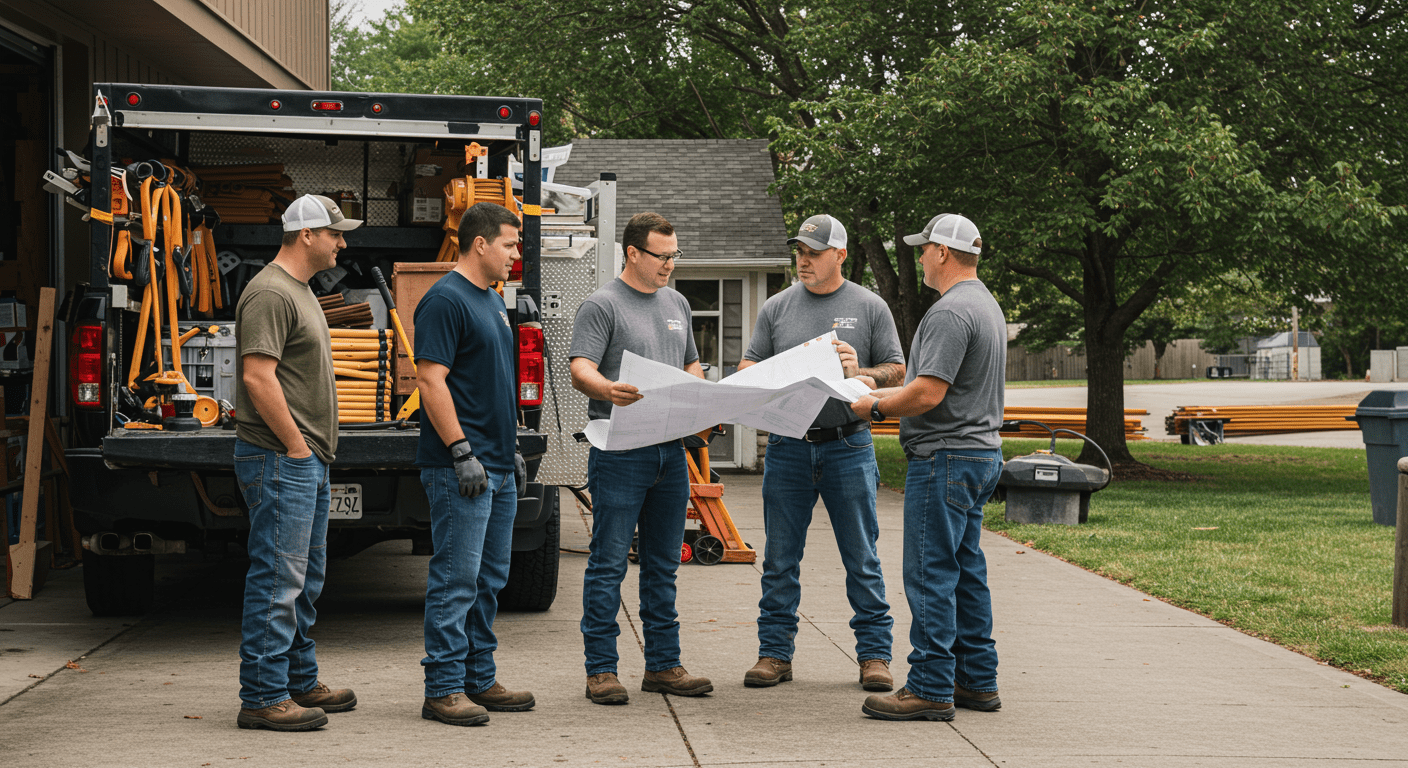 A team of gutter installation professionals discussing plans while standing next to their truck filled with tools and materials. The scene conveys teamwork and preparation before starting a project.