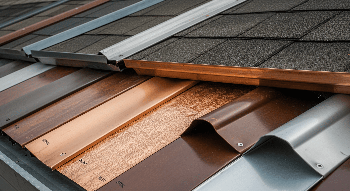 A visually appealing display of various gutter types (aluminum, vinyl, copper, and steel) arranged in a row. Each type is shown with a close-up view to highlight their textures and colors.