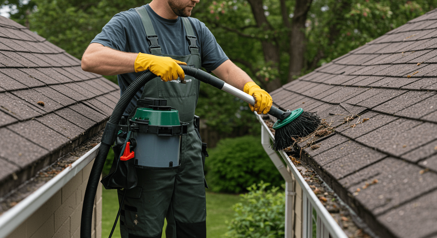 A professional gutter cleaner in action, using a high-powered vacuum to remove debris from a residential gutter. The focus is on the cleaner, showcasing their expertise and the tools used.