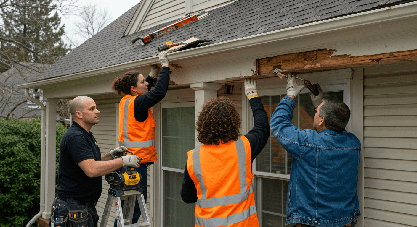 A team of skilled workers actively repairing fascia on a house, showcasing teamwork and professionalism.