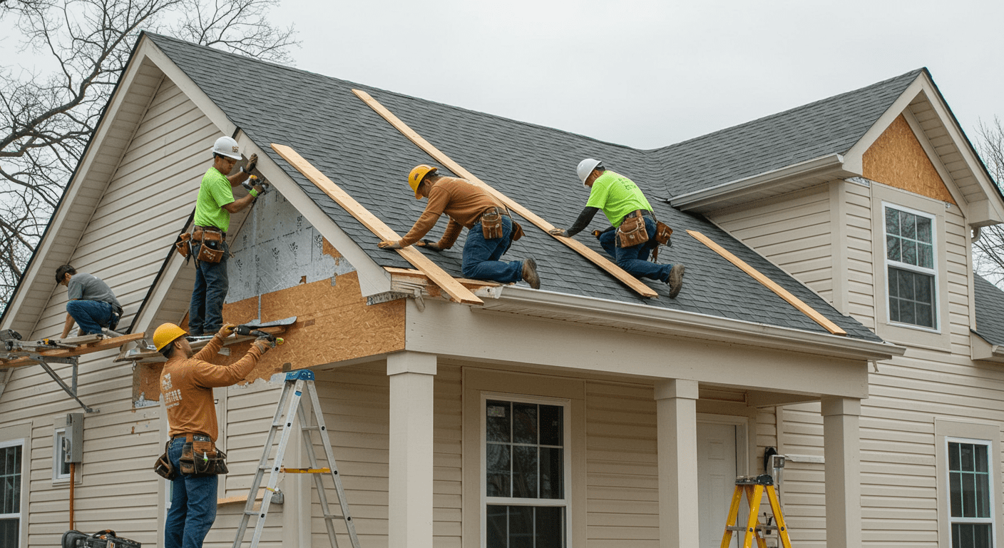 A team of skilled workers installing soffit and fascia on a residential home, demonstrating teamwork and professionalism.