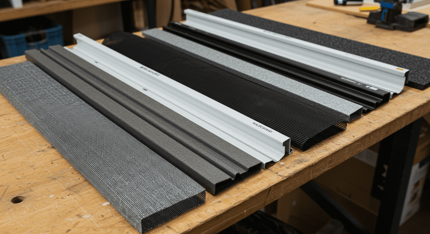 A detailed image of various types of gutter screens laid out on a workbench, showcasing the different materials and designs available for homeowners.