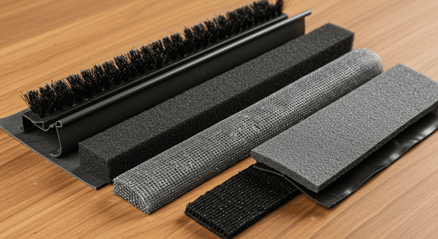 A close-up shot of various types of gutter guards laid out on a wooden surface, showcasing their textures and materials (vinyl, brush, foam, screen, and reverse curve).
