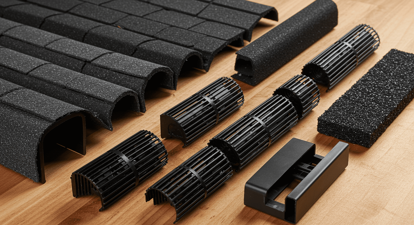 A close-up shot of various types of black gutter guards laid out on a wooden surface, showcasing their different designs and materials.
