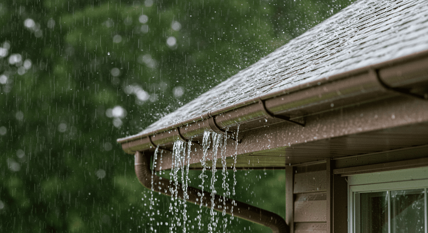 A close-up shot of eavestrough guards installed on a house, showcasing water flowing smoothly through the system during a rainstorm. The image captures the effectiveness of the guards in preventing debris from entering the gutters.