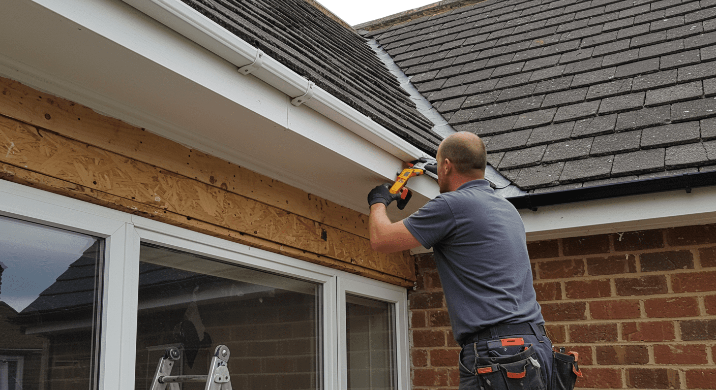 A skilled contractor installing new fascia and soffit on a suburban home, showcasing the precision and care taken during the process.
