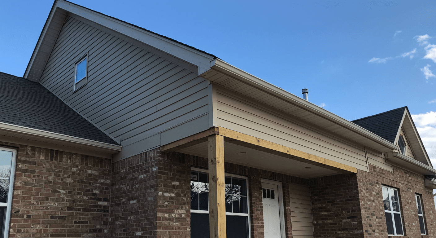 A beautifully finished gutter soffit installation on a home, showcasing the craftsmanship and attention to detail. The home is set against a clear blue sky typical of Ames, IA.