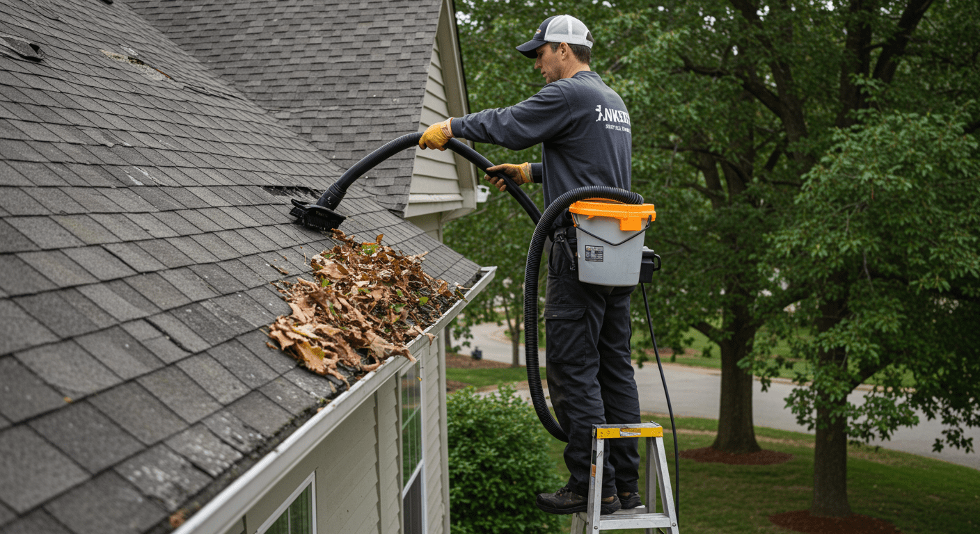 A professional gutter cleaner on a ladder, using a high-powered vacuum to remove leaves and debris from a residential gutter. The background showcases a well-maintained Ankeny home with trees nearby.