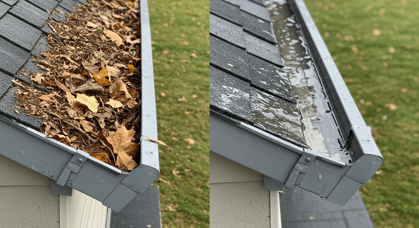 A split image showing a gutter before cleaning, filled with leaves and debris, and the same gutter after cleaning, sparkling and clear. This visual contrast highlights the effectiveness of gutter cleaning services.