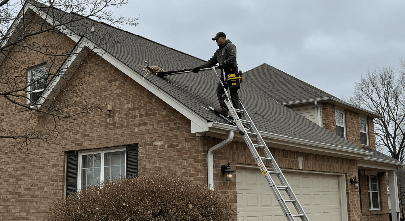 A professional gutter cleaning technician on a ladder, carefully removing debris from a residential gutter.