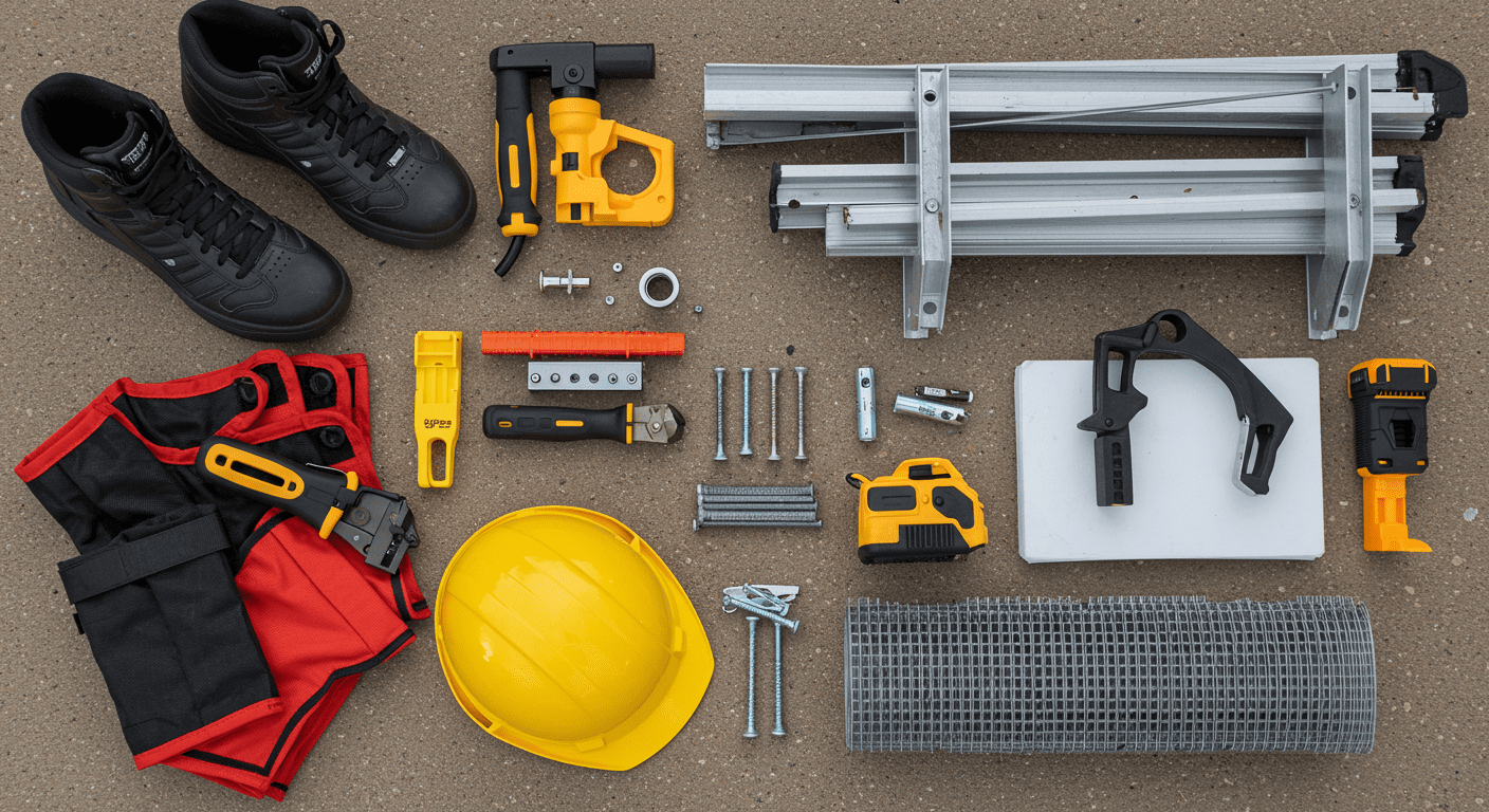 An organized flat lay image displaying all the essential tools and materials needed for gutter guard installation.