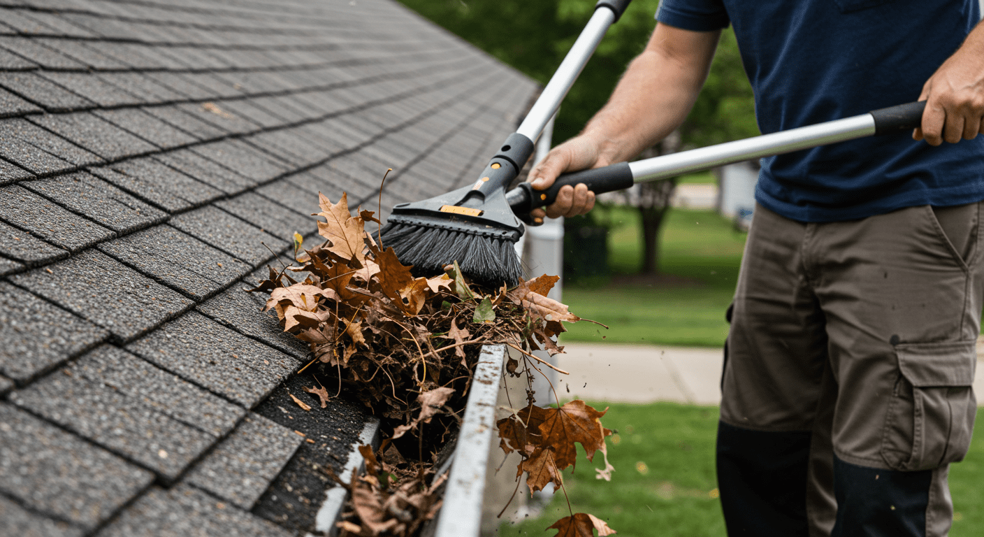 A homeowner cleaning out their gutters, with leaves and debris being removed. The focus is on the action of maintenance and the tools used.