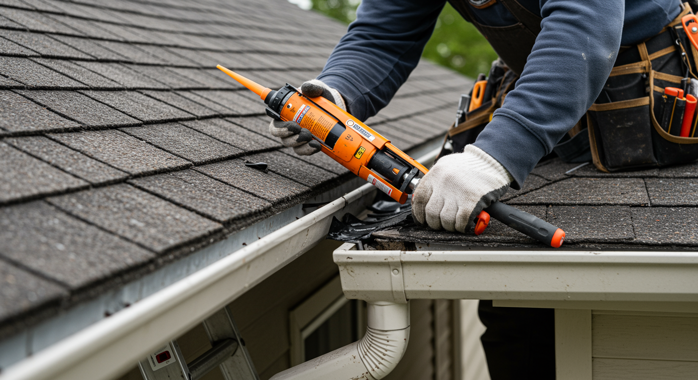 A local contractor is seen repairing a residential gutter, using tools like a ladder, caulking gun, and safety gear. The focus is on the contractor's hands as they work on the gutter.