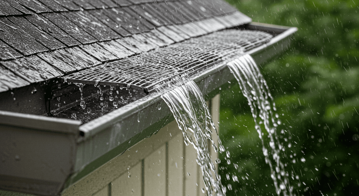A detailed view of a gutter guard installed on a gutter, with water flowing smoothly over it during a rainstorm. This image emphasizes the functionality and effectiveness of gutter guards.