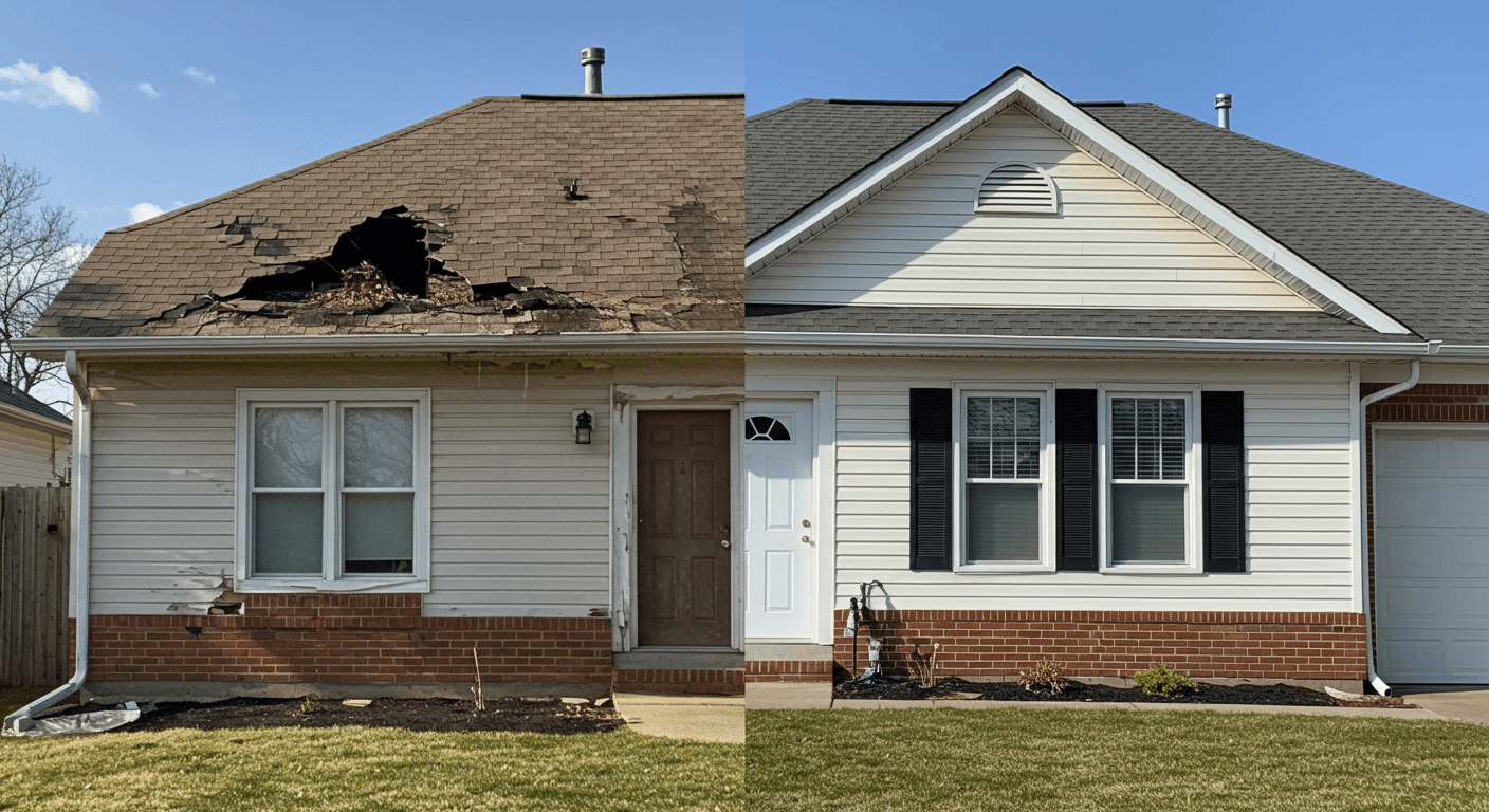 A split image showing a home with damaged gutters on one side and the same home with newly installed gutters on the other. This visually emphasizes the transformation and importance of gutter repair.