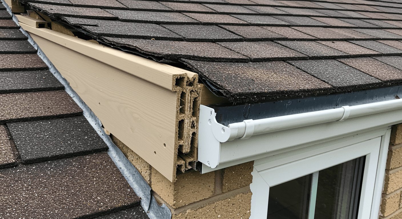 A detailed shot of a newly installed fascia board next to a freshly cleaned gutter, highlighting the quality of materials used.