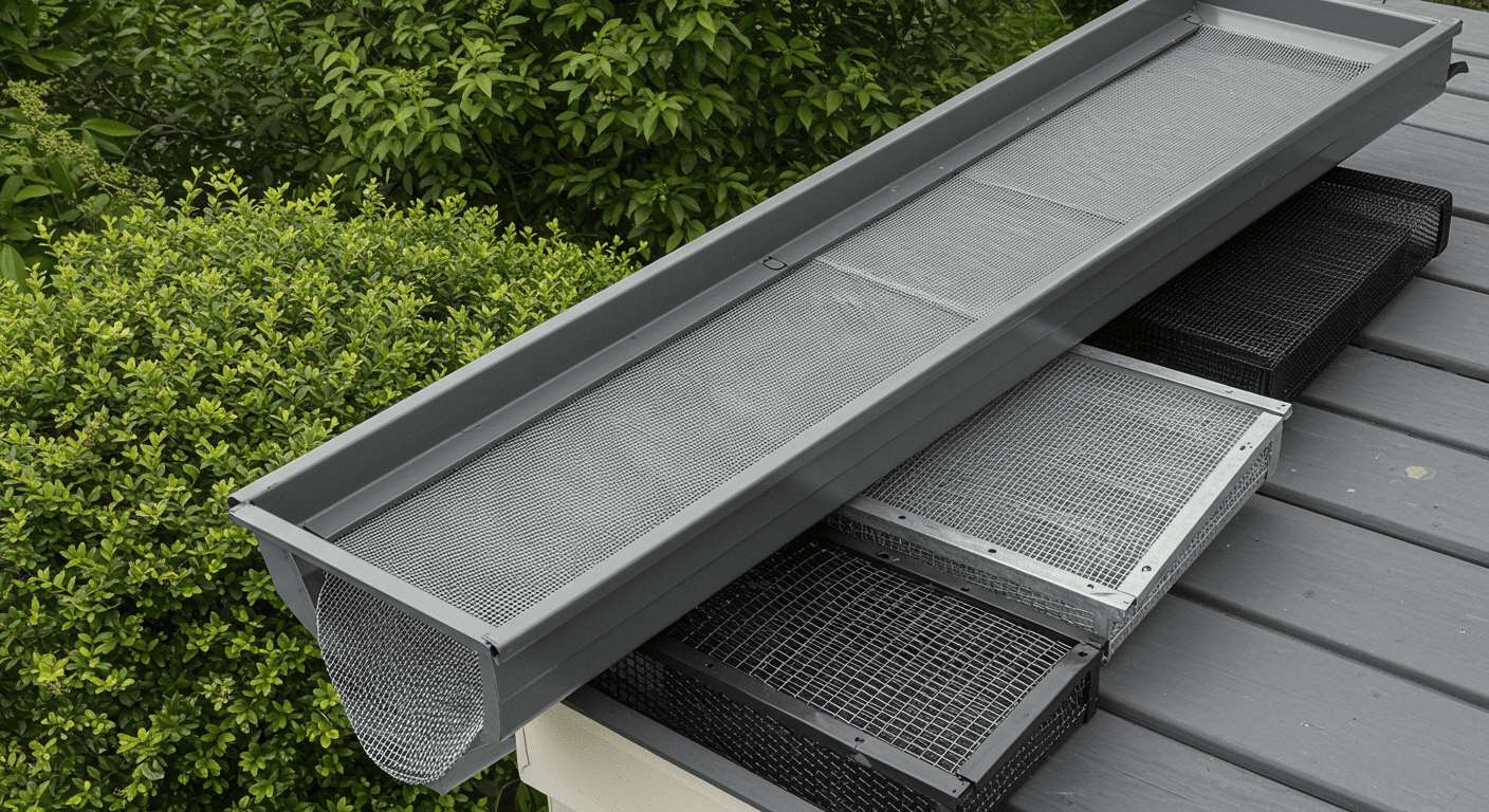 A detailed close-up image showcasing various types of gutter guards, including mesh, screen, and solid guards.