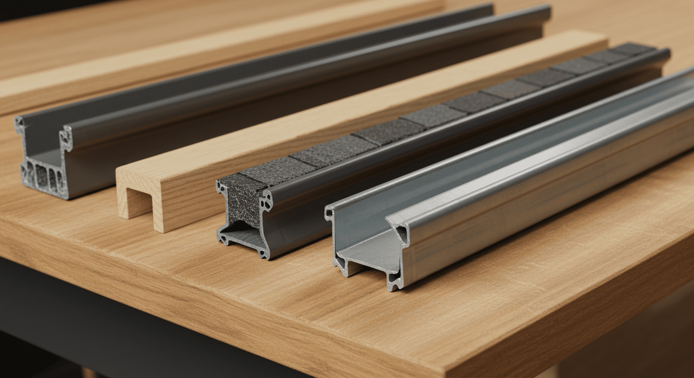 A visual comparison of different gutter types (K-style, half-round) displayed on a wooden table, showcasing their materials and designs.