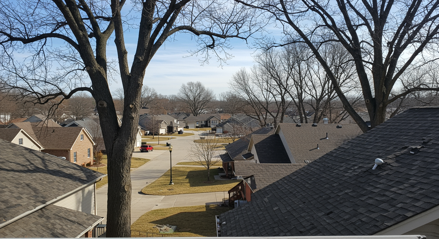 A picturesque view of a West Des Moines neighborhood showcasing well-maintained homes with visible gutters. The image captures the essence of the local area, with trees and a clear blue sky.